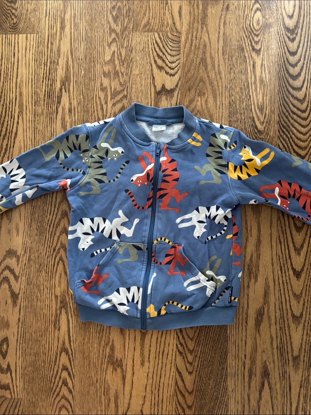 Polarn O. Pyret Blue Zip-Up Sweatshirt with Colorful Animal Print